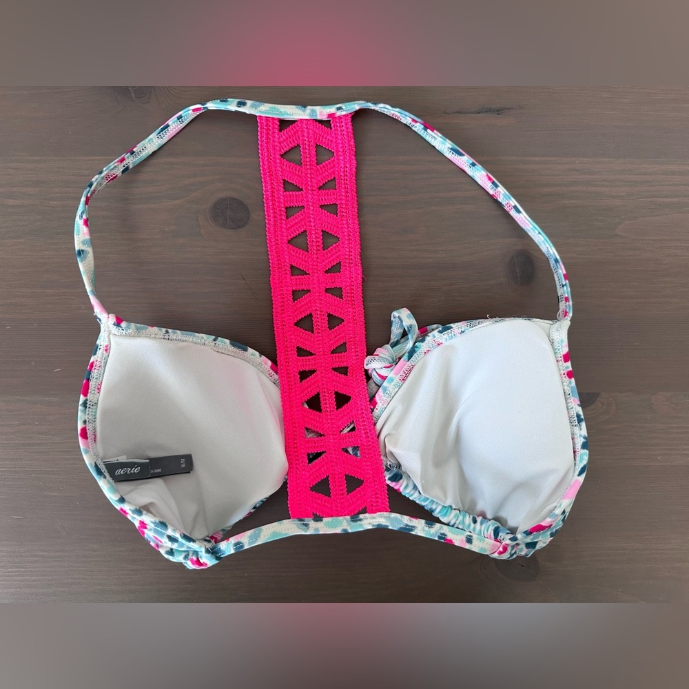 Aerie hot pink and mint Patterned Bikini Halter Top, sz M - Picture 3 of 6